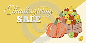 Thanksgiving sale banner or flyer with cartoon style hand drawn garden box of apples and pumpkins