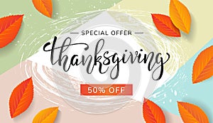 Thanksgiving sale banner with handwritten lettering and leaves on pastel abstract background. - Vector