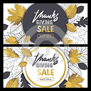 Thanksgiving sale banner set with 3d style gold and outline autumn leaves. Vector fall poster golden background.