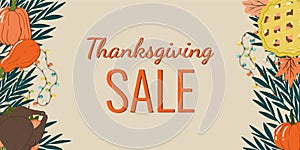 Thanksgiving sale hand drawn cartoon style web banner or seasonal promo offer discount poster for autumnal shopping background