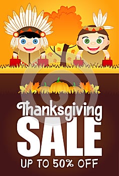 Thanksgiving Sale poster with 50% discount flyer for holiday. Funny kids in the costumes native Americans indian