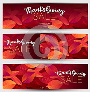 Thanksgiving sale set of banners or website headers. Realistic vector illustration with red and orange autumn leaves