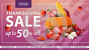 Thanksgiving sale, up to 50% off, horizontal pink web banner with autumn harvest