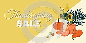 Thanksgiving sale on yellow background. Hand drawn cartoon style web banner or seasonal promo offer discount poster for autumnal