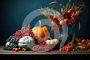 Thanksgiving scene with fall foliage pumpkins and berries against a blue backdrop