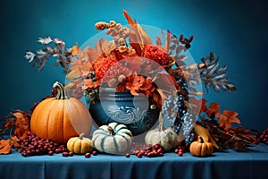 Thanksgiving scene with fall foliage pumpkins and berries against a blue backdrop