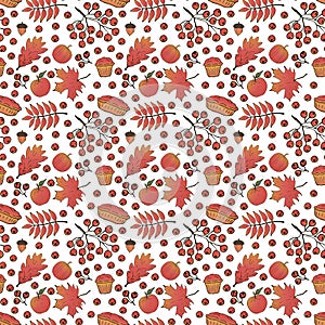 Thanksgiving seamless pattern. Pumpkin, muffins, pies, branches and berries of mountain ash, apples, acorns, leaves of mountain a