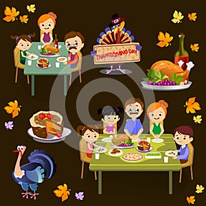 Thanksgiving set, isolated happy family at the dinner table eat turkey drink wine. Mother father with childrens