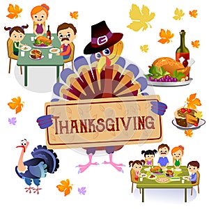 Thanksgiving set, isolated happy family at the dinner table eat turkey drink wine. Mother father with childrens