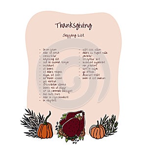 Thanksgiving shopping list template with hand drawn doodle style cartoon turkey and pumpkins, willow eucaliptus