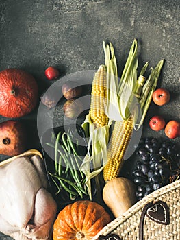 Thanksgiving shopping with raw poultry, vegetables and fruits. Shopping for Thanksgiving table. Flat lay Fresh Farm Bag