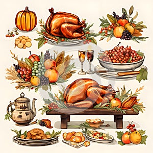 Thanksgiving sticker set pumpkins turkeys leaves autumn chickens. Turkey as the main dish of thanksgiving for the harvest, picture
