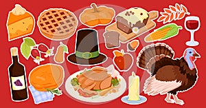 Thanksgiving stickers set, autumn patches collection with white frame on red background