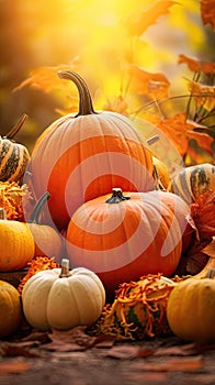 Thanksgiving Still life of pumpkins of various shapes, Seasonal holiday concept, harvest