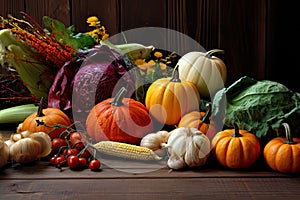 Thanksgiving still life. Vegetable autumn fruits, apples on a wooden table.