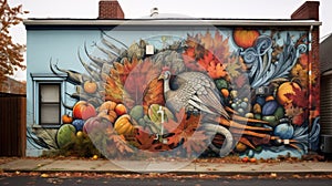 Thanksgiving Street Art: A Colorful Turkey and Cornucopia Mural