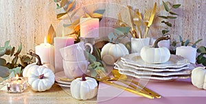 Thanksgiving stylish table setting in new season colours, blush pink and white.