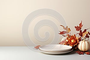 thanksgiving table with autumn leaves and pumpkins