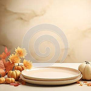 thanksgiving table with autumn leaves and pumpkins