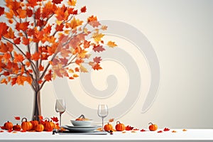 thanksgiving table with autumn leaves and pumpkins