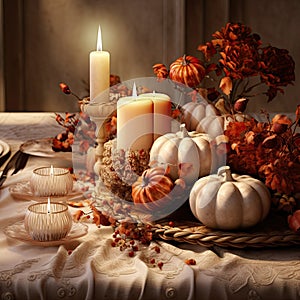 a thanksgiving table with candles and pumpkins