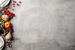 thanksgiving table with fruits and vegetables on a gray background