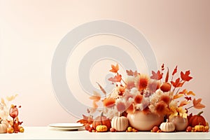 thanksgiving table with pumpkins and autumn leaves