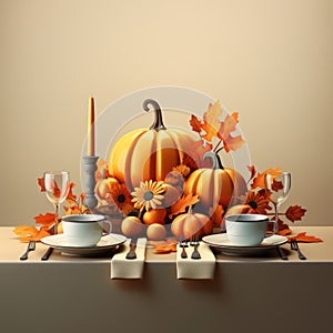 thanksgiving table with pumpkins and autumn leaves