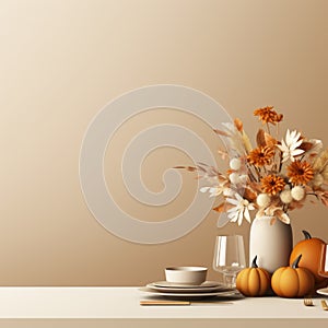 thanksgiving table with pumpkins and flowers on a beige background