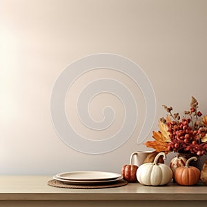 thanksgiving table with pumpkins gourds and leaves