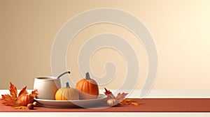 thanksgiving table with pumpkins and maple leaves on a beige background