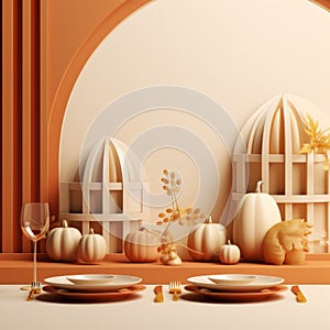 thanksgiving table with pumpkins and other decorations 3d render