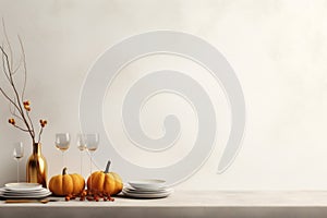 thanksgiving table with pumpkins and wine glasses