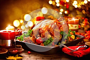 Thanksgiving table served with turkey, decorated with autumn leaves photo