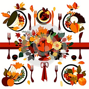 Thanksgiving table setting with autumn leaves and flowers. Vector illustration. generative AI
