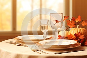thanksgiving table setting with autumn leaves and pumpkins
