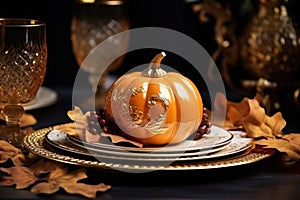 Thanksgiving table setting concept. Decorative golden painted leaves and pumpkin. AI generated