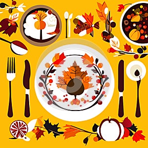 Thanksgiving table setting with cutlery and autumn leaves. Vector illustration. AI Generated