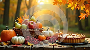 Thanksgiving Table Setting with Fall Fruits and Pie Outdoors