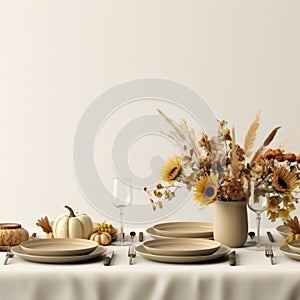 thanksgiving table setting with flowers and pumpkins