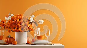 thanksgiving table setting with flowers and pumpkins on orange background