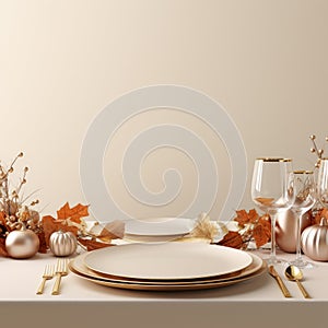 thanksgiving table setting with gold and white plates and silverware