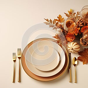 thanksgiving table setting with gold and white plates silverware and flowers
