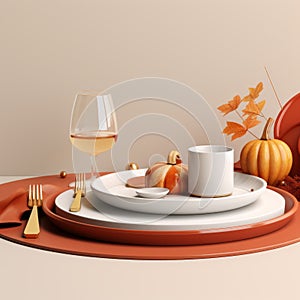 thanksgiving table setting with pumpkin wine glass and plate