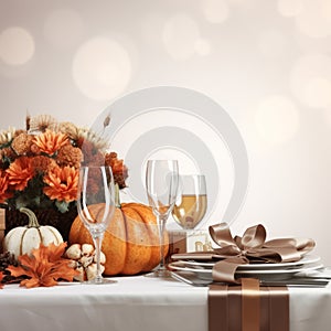 thanksgiving table setting with pumpkins flowers and wine glasses