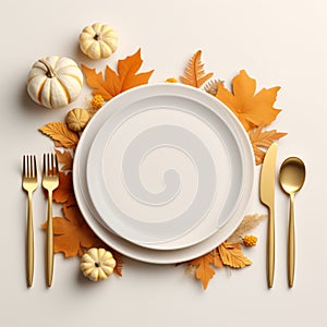 thanksgiving table setting with white plate silverware and pumpkin leaves