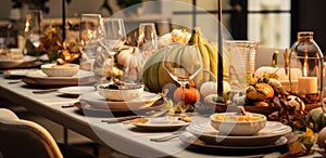 a Thanksgiving table with some pumpkins, candles and table settings