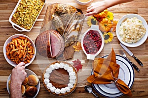 Thanksgiving table with turkey and sides