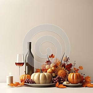 thanksgiving table with wine bottle pumpkins and autumn leaves