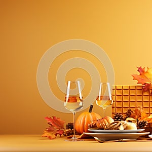 thanksgiving table with wine glasses pumpkin and autumn leaves